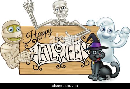 Happy Halloween Cartoon Monsters Sign Background Stock Vector