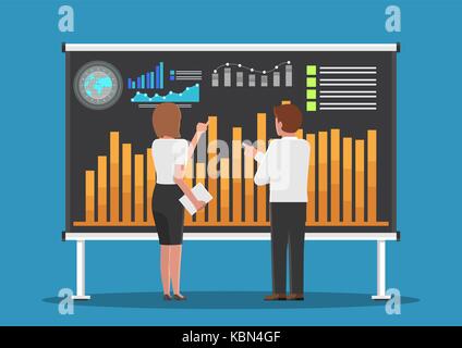 Businessman and businesswoman analysis business chart on board. Business and financial data analysis concept. Stock Vector