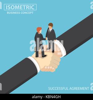Flat 3d isometric business people shaking hands on big handshake. Partnership and successful business agreement concept Stock Vector