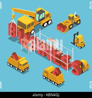 Flat 3d isometric construction site vehicles buildding business word. Business and brand building concept Stock Vector