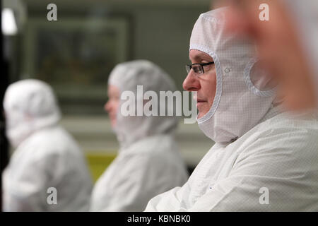 Scientists working in clean room environment Stock Photo