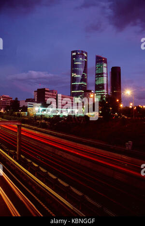 Four Towers viewed from M-30 freeway, night view. Madrid, Spain. Stock Photo