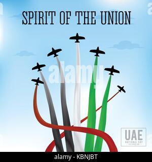 United Arab Emirates national day background design with colorful smoke from jet plane. UAE holiday celebration background. Spirit of the union concep Stock Vector