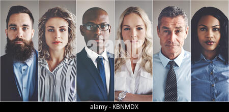 Collage of portraits of an ethnically diverse and mixed age group of focused business professionals Stock Photo