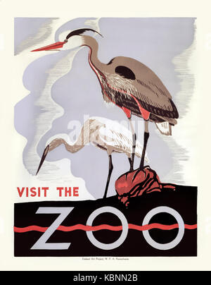 “Visit the Zoo” 1936 poster for Philadephia Zoo featuring a woodblock print of two herons. Produced under the Federal Project Number One sponsored by the Works Progress Administration (WPA); created in 1935 as part of the New Deal of President Franklin D. Roosevelt to tackle the Great Depression. Stock Photo