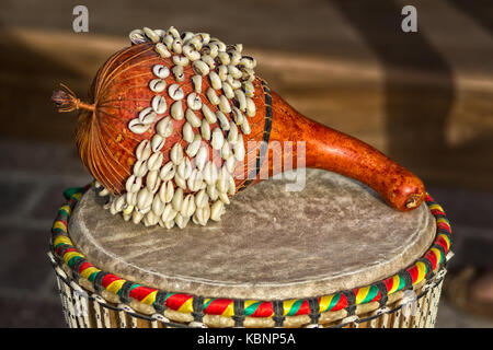 African Ghana Shekere drum (African Percussion instrument from Ghana. Also known as an Axatse) Isolated with blurred background. Stock Photo
