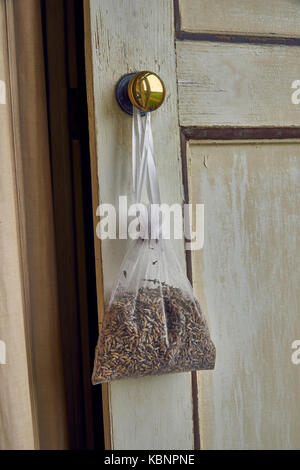 A lavender bag hanging from a brass door handle Stock Photo