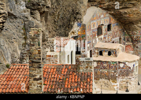 View from inside over the frescos and buildings in the Cave Monastery of Sumela, in Trabzon, Turkey. Stock Photo