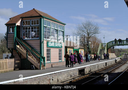 The signal box and down platform at Corfe Castle station on the Swanage Railway in Dorset Stock Photo