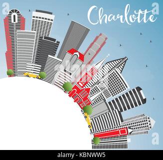 Charlotte Skyline with Gray Buildings, Blue Sky and Copy Space. Vector Illustration. Business Travel and Tourism Concept with Modern Architecture. Stock Vector