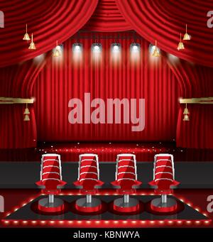 Red Stage Curtain with Spotlights and Four Chairs. Vector illustration. Theater, Opera or Cinema Scene. Stock Vector