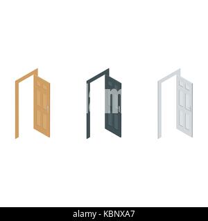 Vector illustration set, collection of isometric perspective flat 3d wooden opened doors. Stock Vector