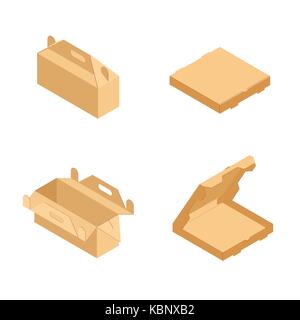 Vector illustration isometric 3d empty opened and closed brown pizza box, lunchbox  isolated on white background. Stock Vector