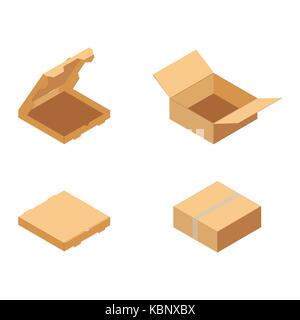 Carton packaging box. Isometric carton packaging box set, collection vector illustration. Set closed and open cardboard boxes on white background. Stock Vector