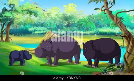 Family of hippos near the river. Mom, Dad and little calf. Digital painting  cartoon style full color illustration. Stock Photo