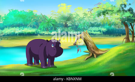 Little Hippo near the River. Digital painting  cartoon style full color illustration. Stock Photo