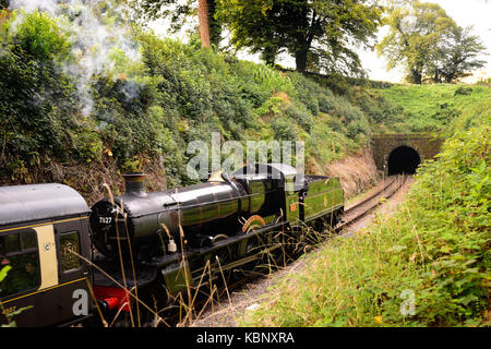 Steam train leaving Greenway Halt on the Dartmouth Steam Railway, hauled by GWR Manor class 4-6-0 No 7827 Lydham Manor. Stock Photo