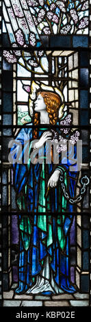A prisoner representing 'Hope' in a war memorial window by Karl Parsons, 1917, Church of St. Mary the Virgin, Tenby, United KIngdom Stock Photo