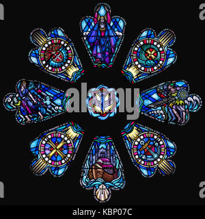 Representations of 'Escape' in the eight-light Rose Window of St. David's Cathedral, Wales, United Kingdom Stock Photo