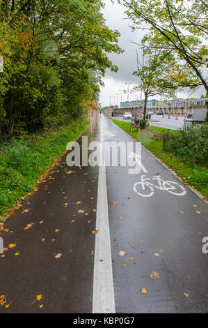 Empty bicycle road in a rainy day, Luxembourg City Stock Photo