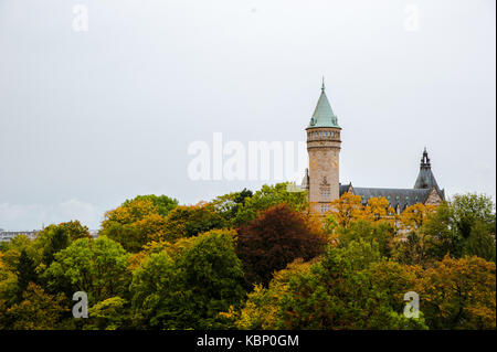 Place de Metz, Luxembourg. Spuerkeess building and clock tower housing ...