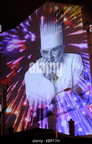 Lightshow for opening ceremony of brand new Halles de Lyon-Paul Bocuse, France Stock Photo