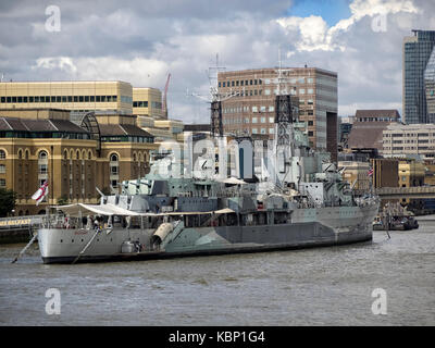LONDON, UK - AUGUST 18, 2017:  HMS Belfast floating museum moored on the River Thames Stock Photo