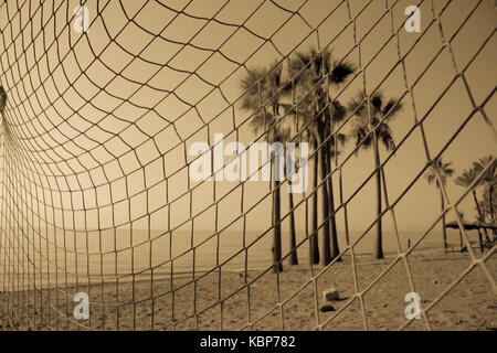 Beach. Football net on the beach. Black and White. Costa del Sol, Andalusia, Spain. Stock Photo