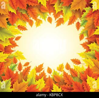 Autumn vector background with empty blank space for text and boarder frame of fall season leaves in orange and yellow color. Vector illustration. Stock Vector
