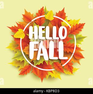 Hello fall text vector banner design with yellow and orange autumn maple leaves and circle frame in green background for seasonal marketing promotions Stock Vector