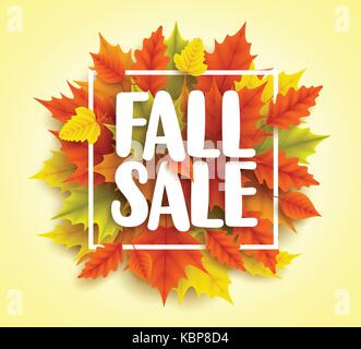 Fall sale text vector banner with colorful 3D realistic autumn maple leaves in yellow orange background for seasonal marketing promotion. Stock Vector