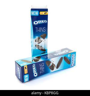SWINDON, UK - SEPTEMBER 10, 2017: Two Boxes of Oreo Thins Biscuits on a white background Stock Photo