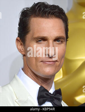 Matthew McConaughey poses in the press room during the 86th Annual Academy Awards at Loews Hollywood Hotel on March 2, 2014 in Hollywood, California. Stock Photo