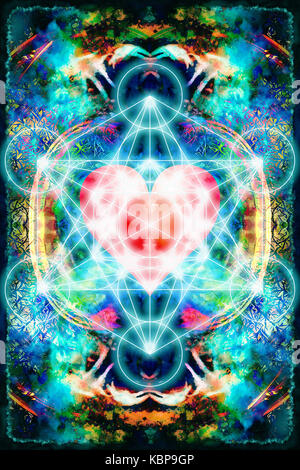 Light merkaba and heart on abstract background. Sacred geometry Stock Photo