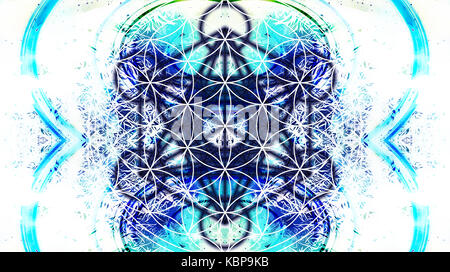 Light merkaba and Flower of life on abstract color background and fractal structure. Sacred geometry Stock Photo