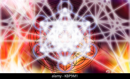 Light merkaba on abstract color background. Sacred geometry Stock Photo