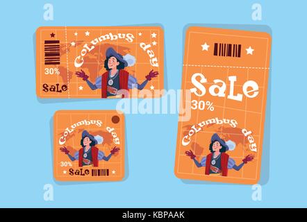 Columbus Day Seasonal Holiday Sale Tags Shopping Discount Icons America Discover Greeting Card Stock Vector