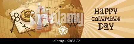 Happy Columbus Day America Discover Holiday Poster Greeting Card Retro World Map Horizontal Banner Stock Vector