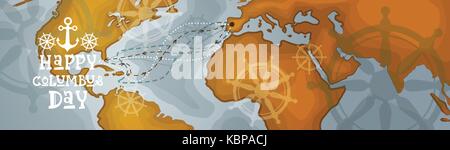 Happy Columbus Day America Discover Holiday Poster Greeting Card Retro World Map Horizontal Banner Stock Vector