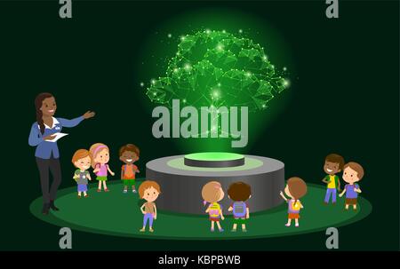 Innovation education school kindergarten african brown skin black hair group kids hologram on future museum center. vector illustration.3d green tree  Stock Vector