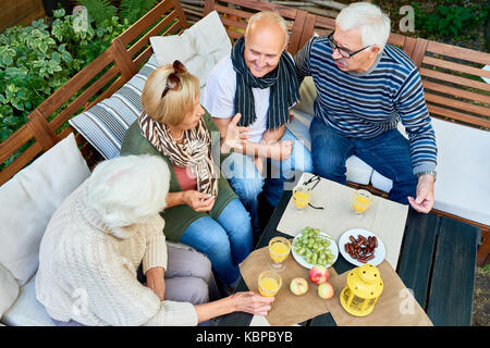 High angle view of elderly people spending pleasant time together at backyard party: they chatting animatedly with each other and having picnic with f Stock Photo