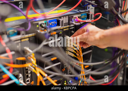 IT Consultant Connecting Network Cable Into Switch Stock Photo