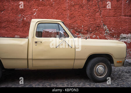 March 2, 2016 San Miguel de Allende, Mexico: a vintage truck parked in the cobblestone street of the popular tourist town Stock Photo