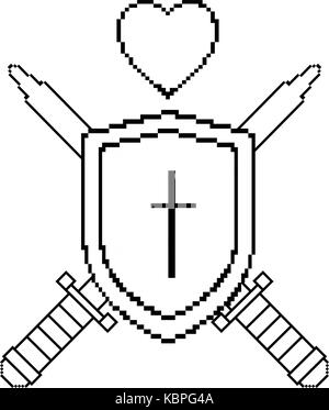 pixelated shield with sword and heart vector illustration design Stock Vector
