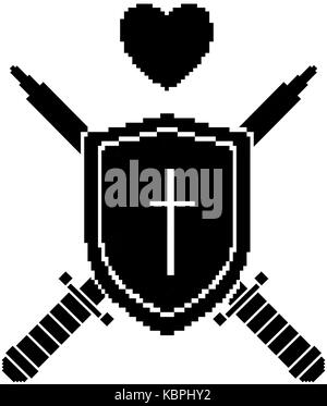 pixelated shield with sword and heart vector illustration design Stock Vector
