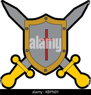 pixelated shield with sword vector illustration design Stock Vector