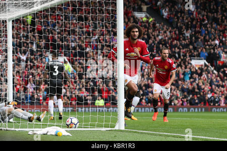 Manchester United's Marouane Fellaini celebrates scoring his side's second goal of the game during the Premier League match at Old Trafford, Manchester. Stock Photo