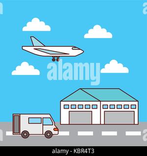 warehouse delivery airplane and truck transport Stock Vector