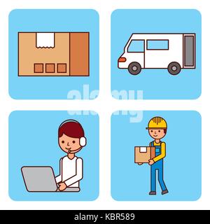 set of worker logistic delivery truck cardboard box Stock Vector