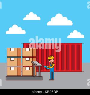 logistic worker and container cradboard boxes on scale weight Stock Vector